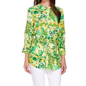 Isaac Mizrahi Womens XS Patchwork Floral 3/4 Sleeve Shirt Lemonade Yellow Green